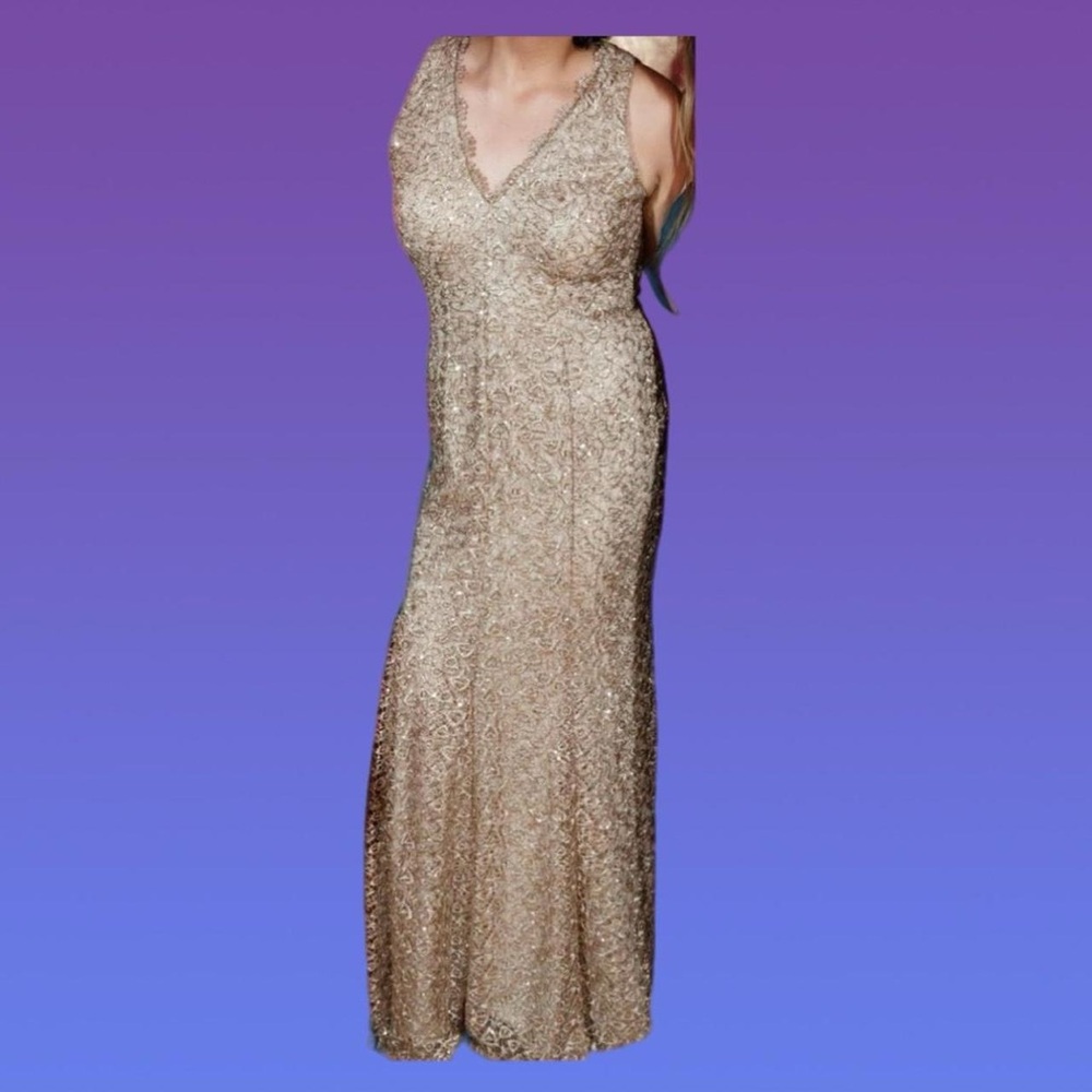 Elegant Gold GLITTER LACE SEQUIN PROM DRESS WITH OPEN BACK AND HALTER TOP